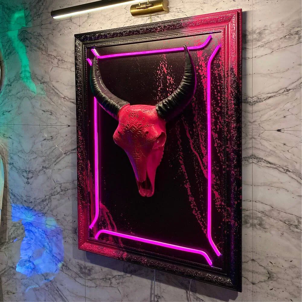PINK BULL SKELETON PAINT ART Tablo