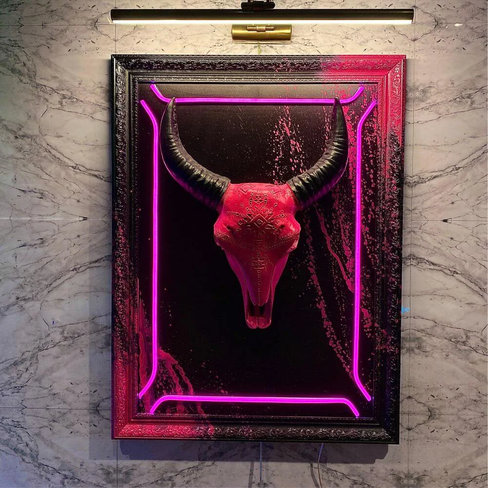PINK BULL SKELETON PAINT ART Tablo