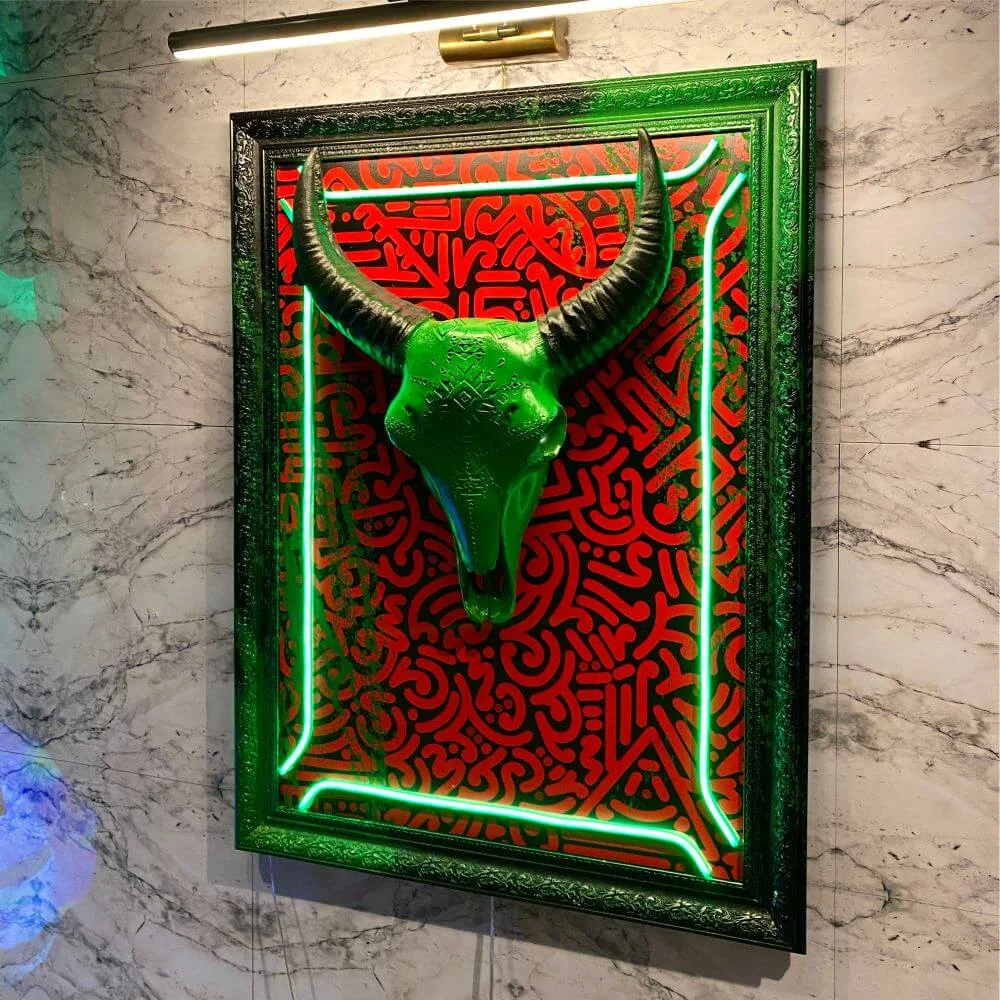 sk6 GREEN BULL SKELETON PAINT ART Tablo