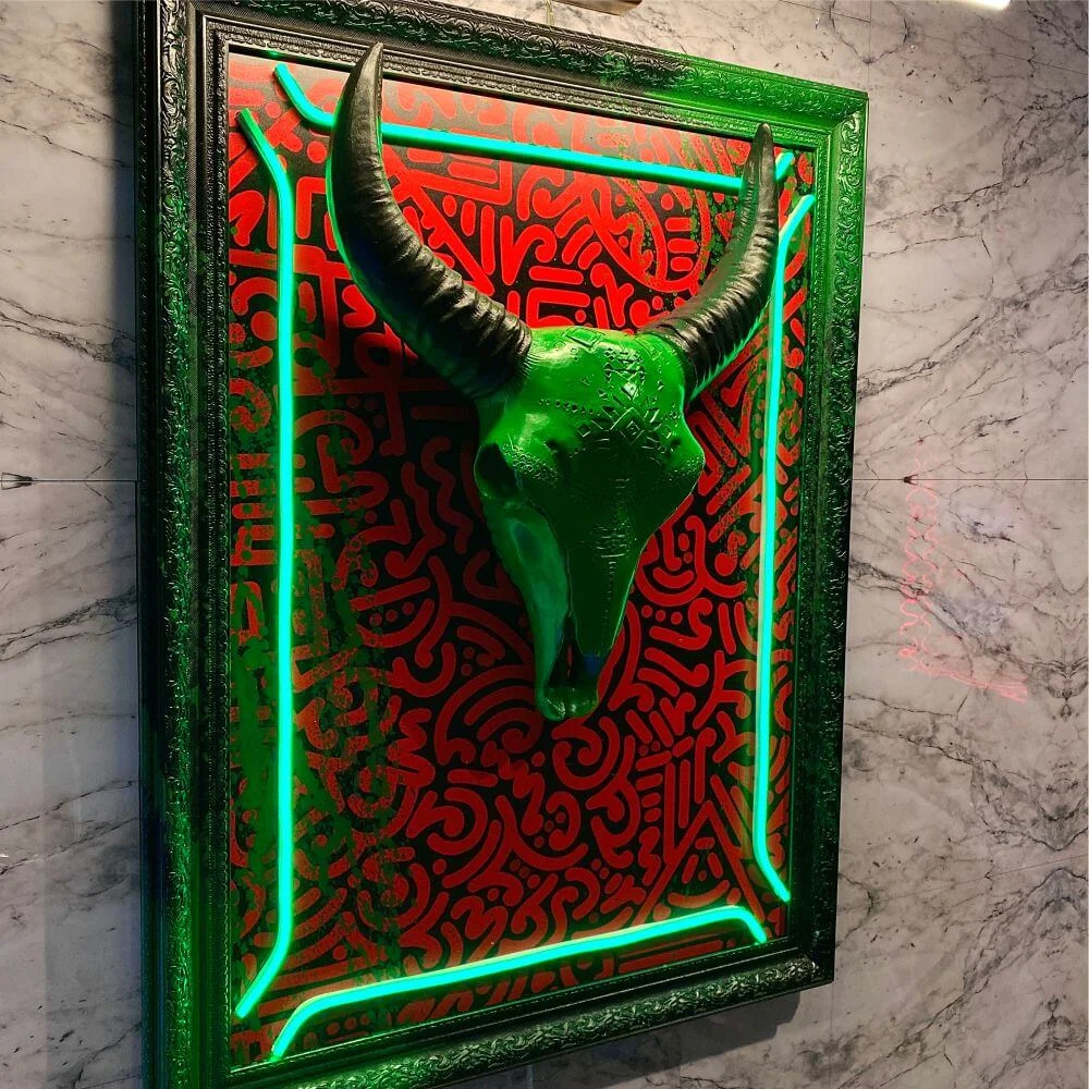 sk7 GREEN BULL SKELETON PAINT ART Tablo